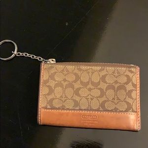 Coach tan card holder/key ring with orange interior